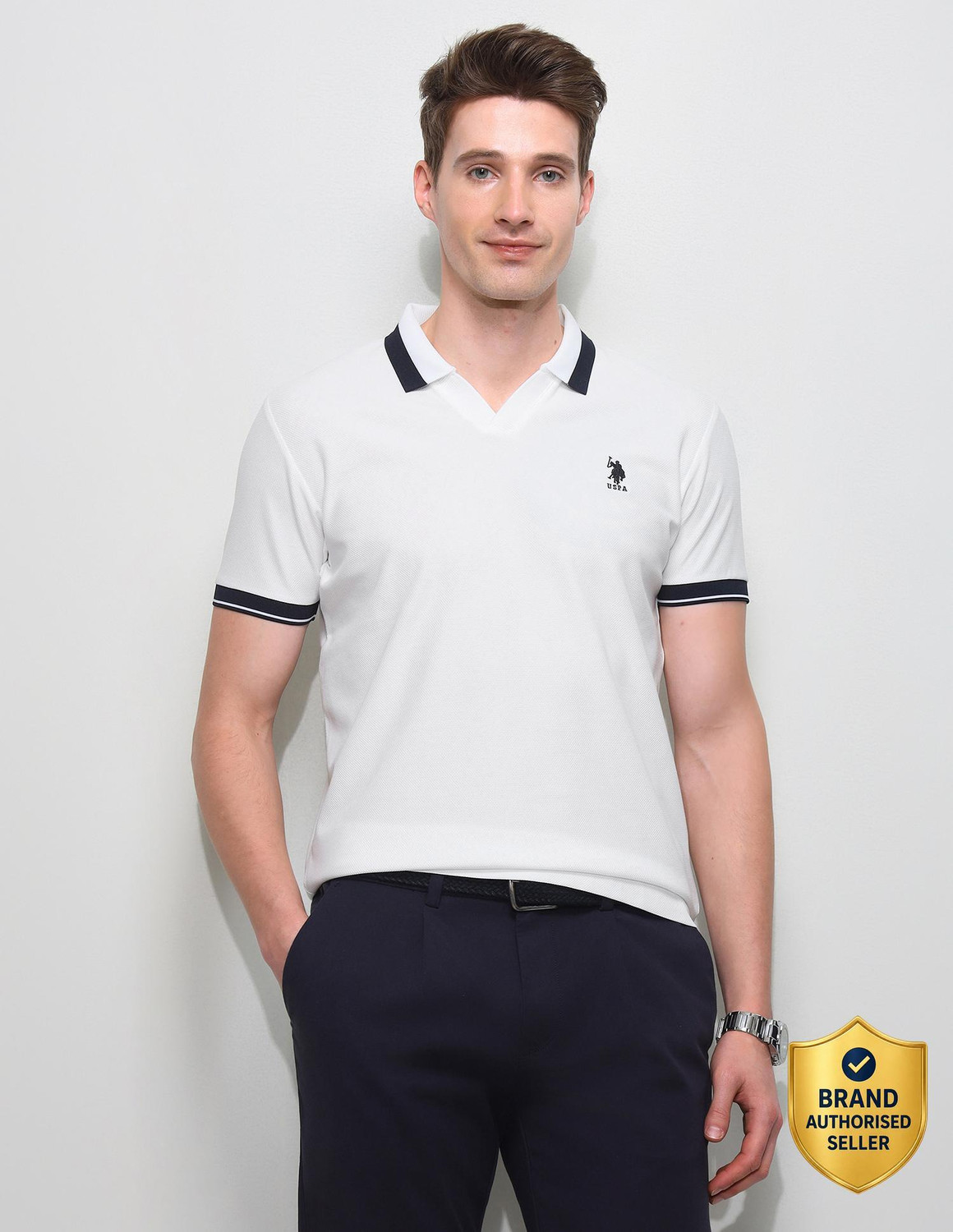 Image of U.S. POLO ASSN. Men Solid Polo Neck Pure Cotton White T-Shirt