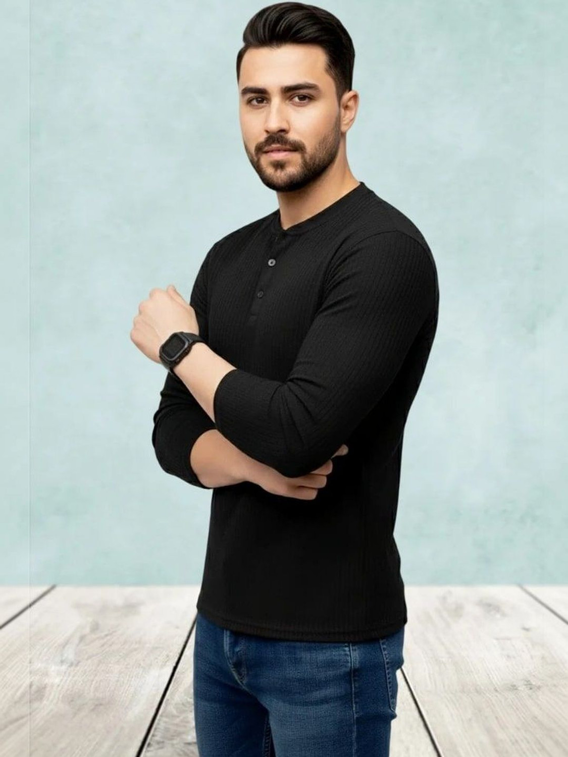 Image of Pellitory Men Solid Henley Neck Cotton Blend Black T-Shirt