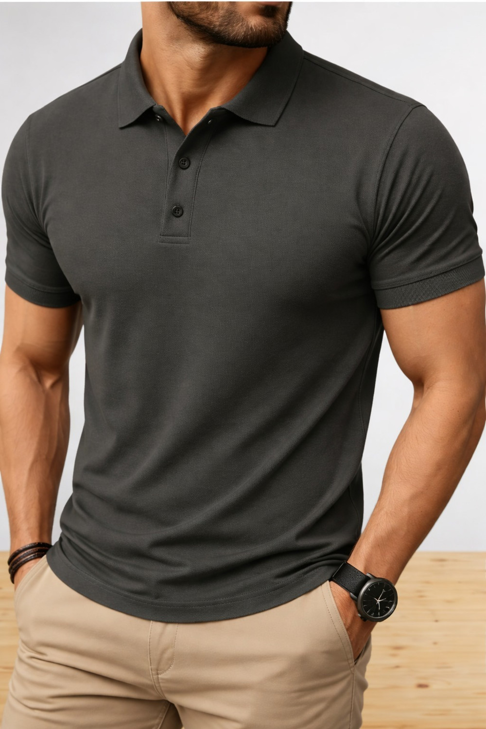 Image of LOOP STITCH Men Solid Polo Neck Polycotton Grey T-Shirt