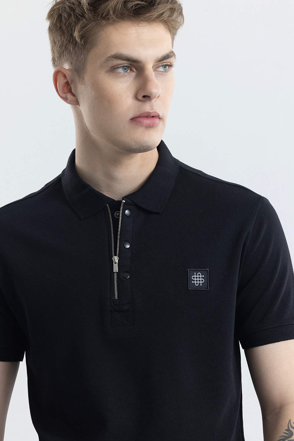 Image of Snitch Men Solid Polo Neck Pure Cotton Black T-Shirt