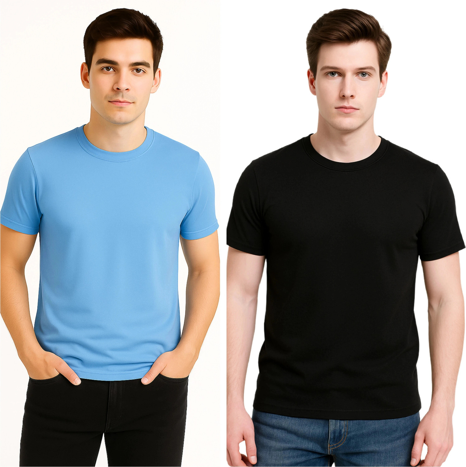 Image of Styloketh Men Solid Round Neck Polyester Light Blue, Black T-Shirt