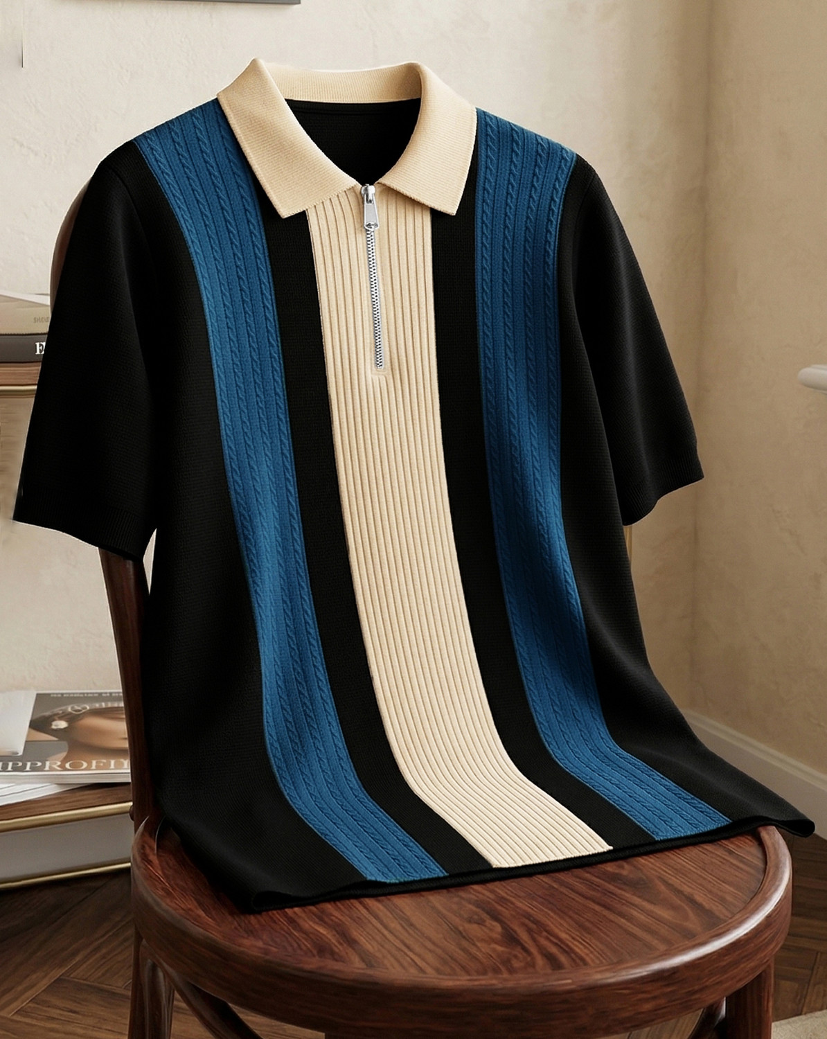 ENITOR Men Beige Striped Zip Neck T-Shirt - Image 1