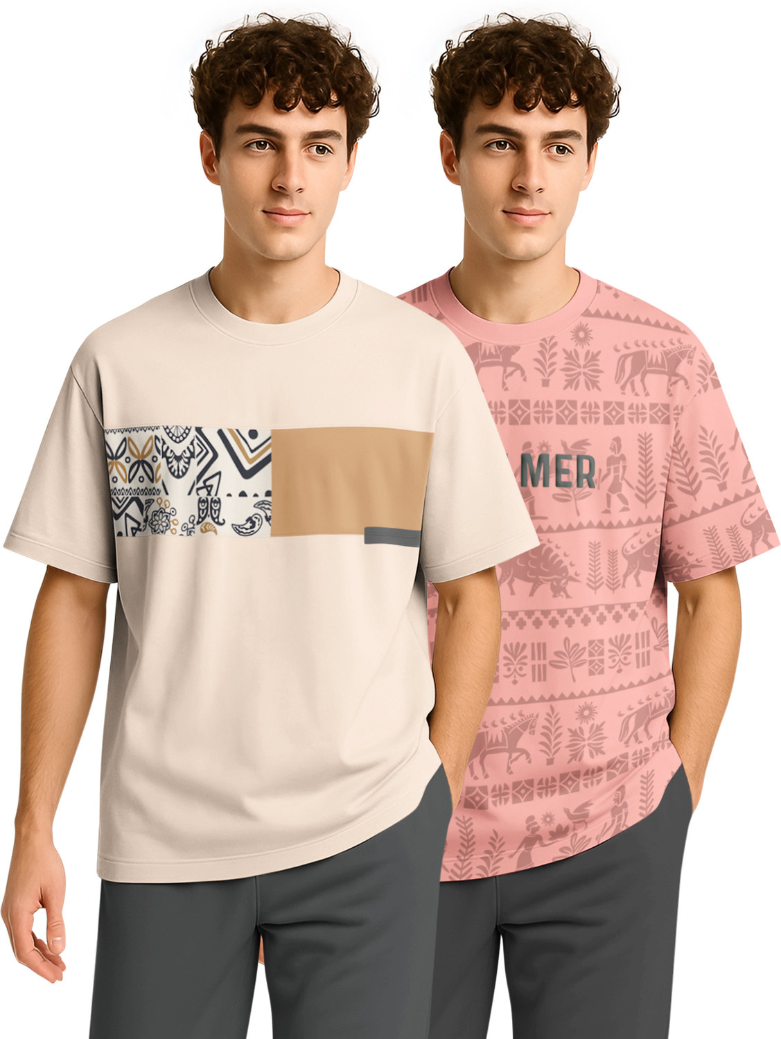Image of Bullmer Pack of 2 Men Graphic Print Round Neck Cotton Blend Multicolor T-Shirt