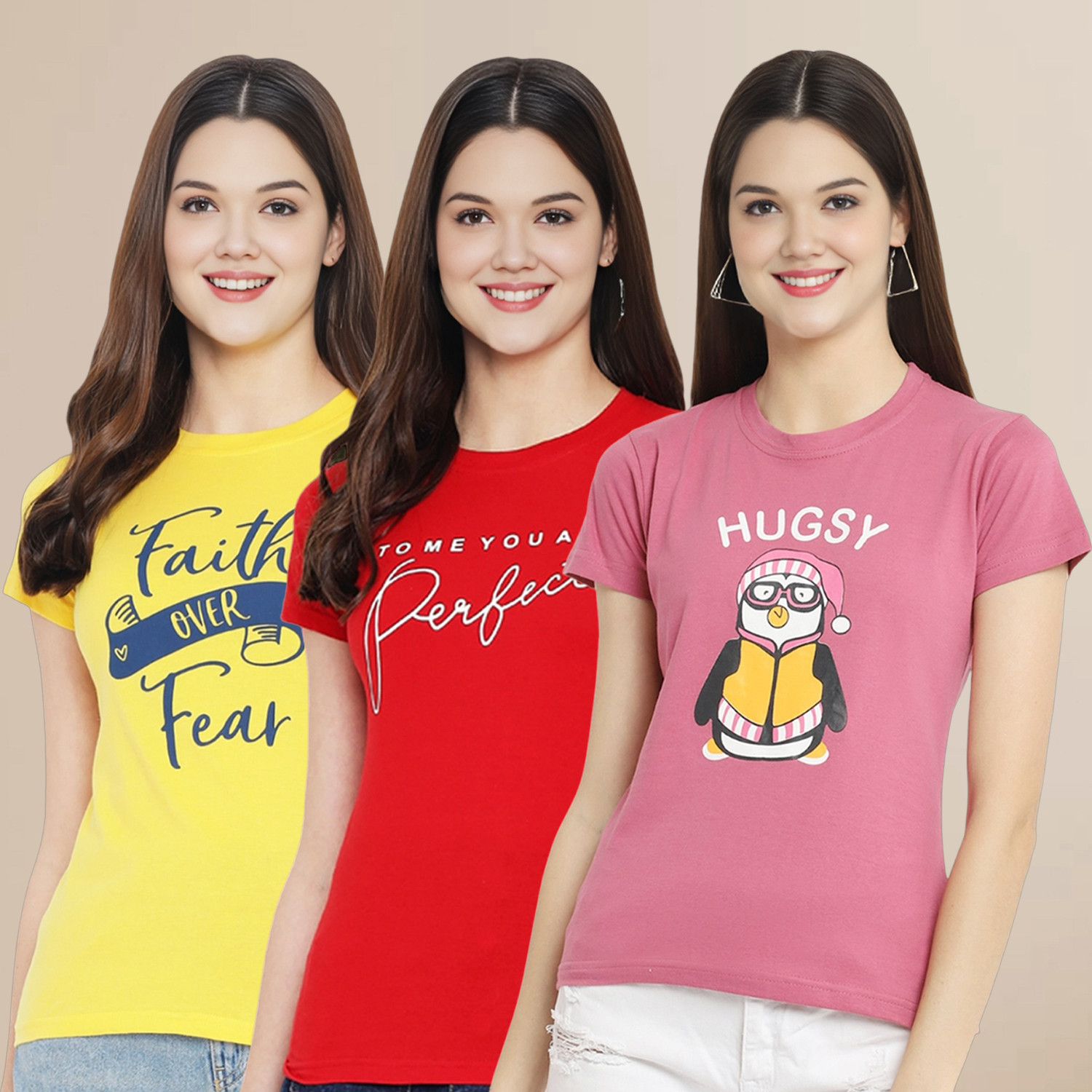 Image of DreamBe Women Printed Round Neck Cotton Blend Multicolor T-Shirt