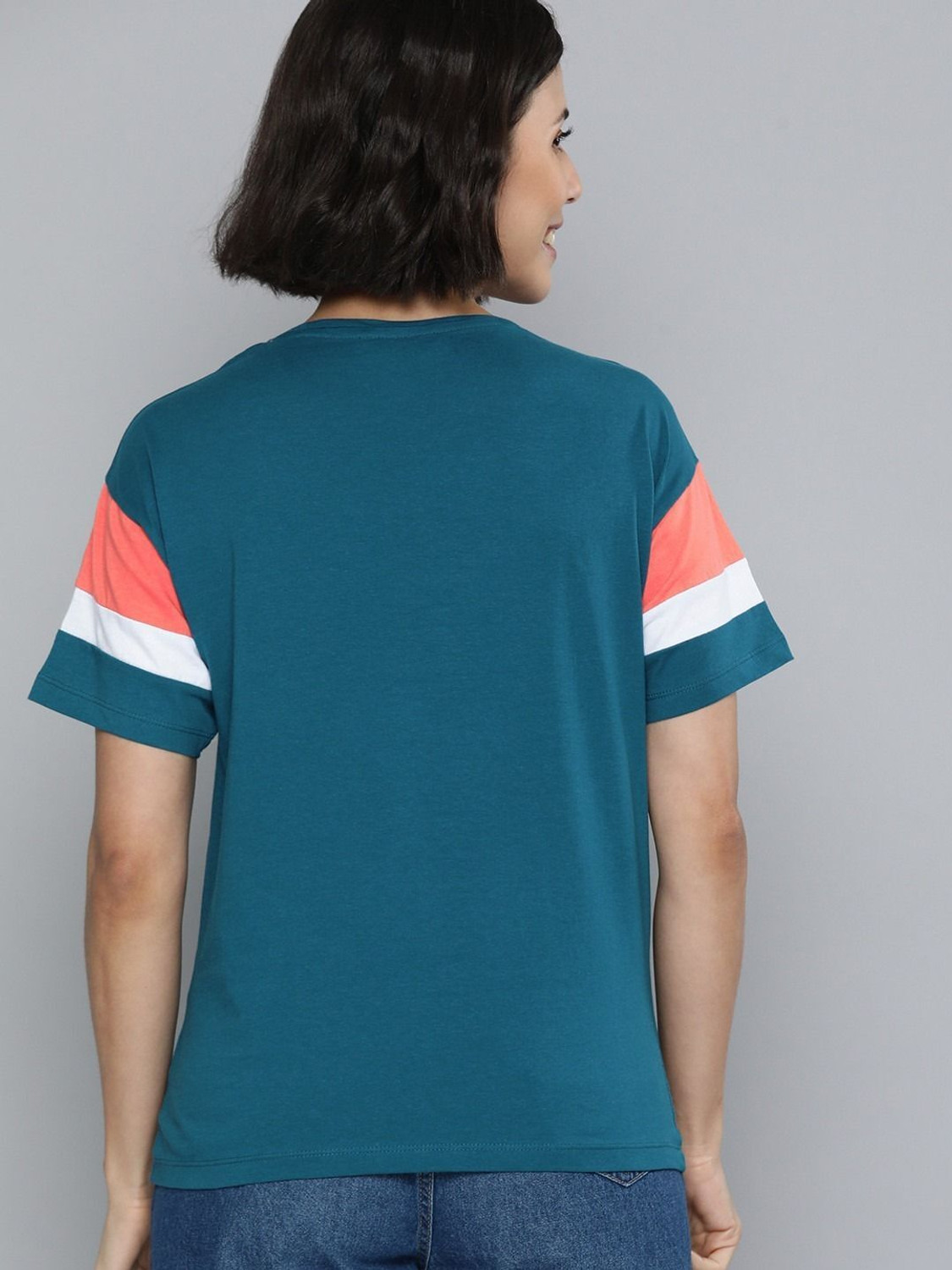 Image of Patche Women Colorblock Round Neck Pure Cotton Blue, White T-Shirt