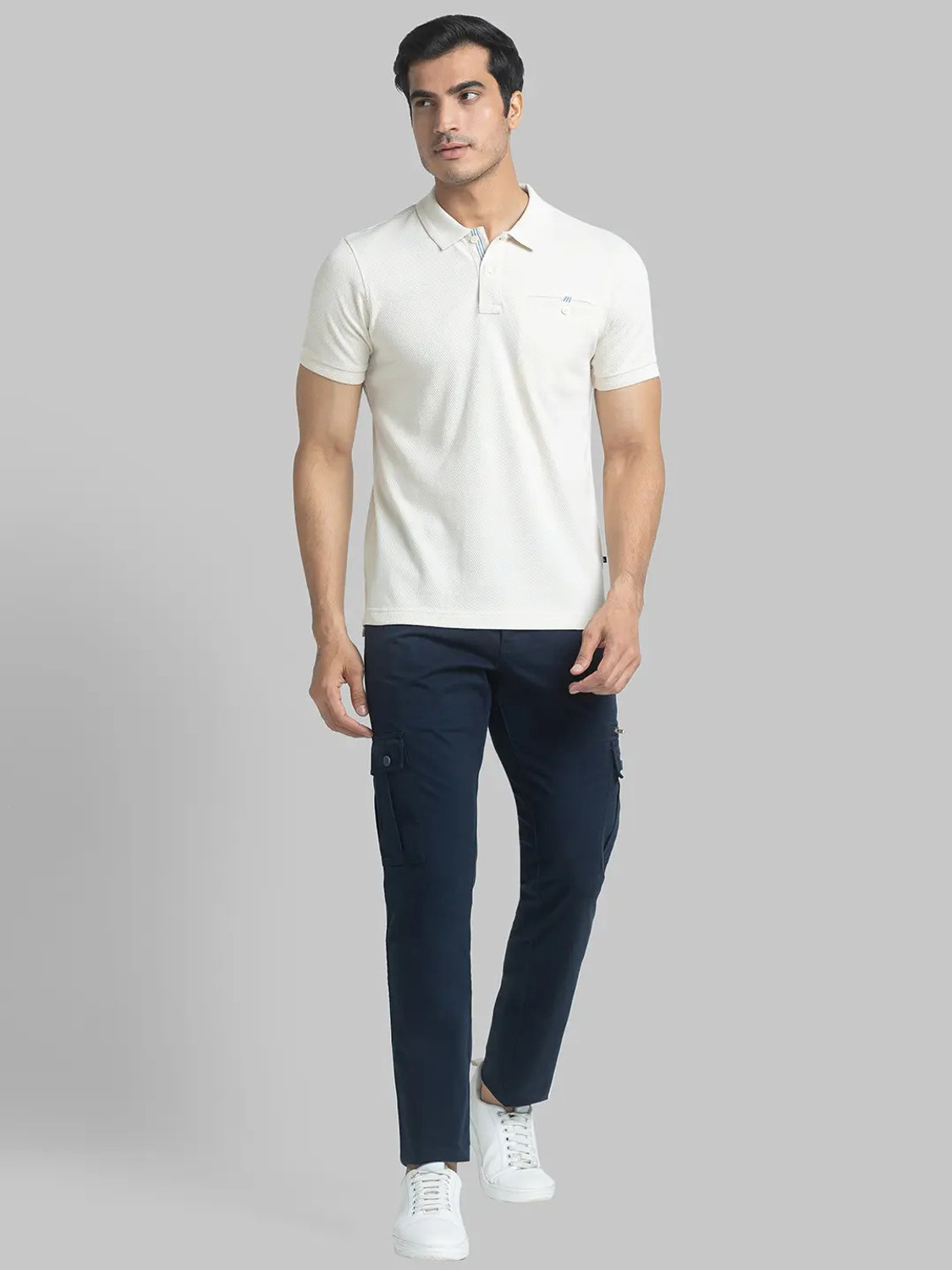 Image of PARX Men Solid Polo Neck Cotton Blend White T-Shirt