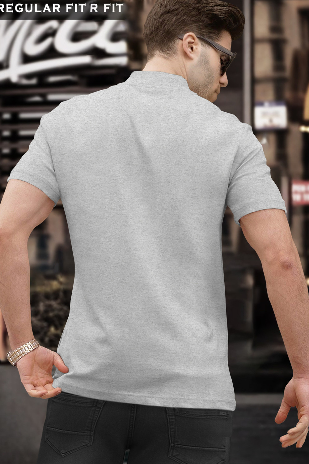 Image of TRIPR Men Solid Mandarin Collar Cotton Blend Grey T-Shirt