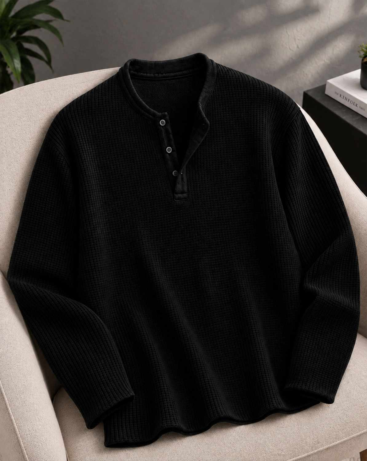 AOOSH Men Black Henley Neck T-Shirt - Image 1