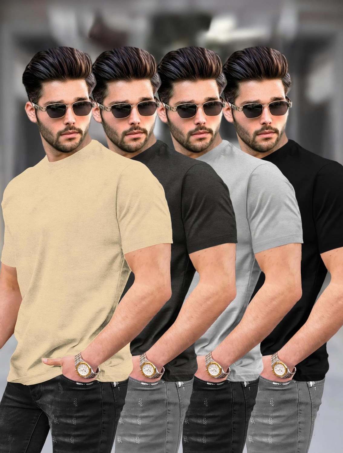 Image of TRIPR Men Solid Mandarin Collar Cotton Blend Black T-Shirt
