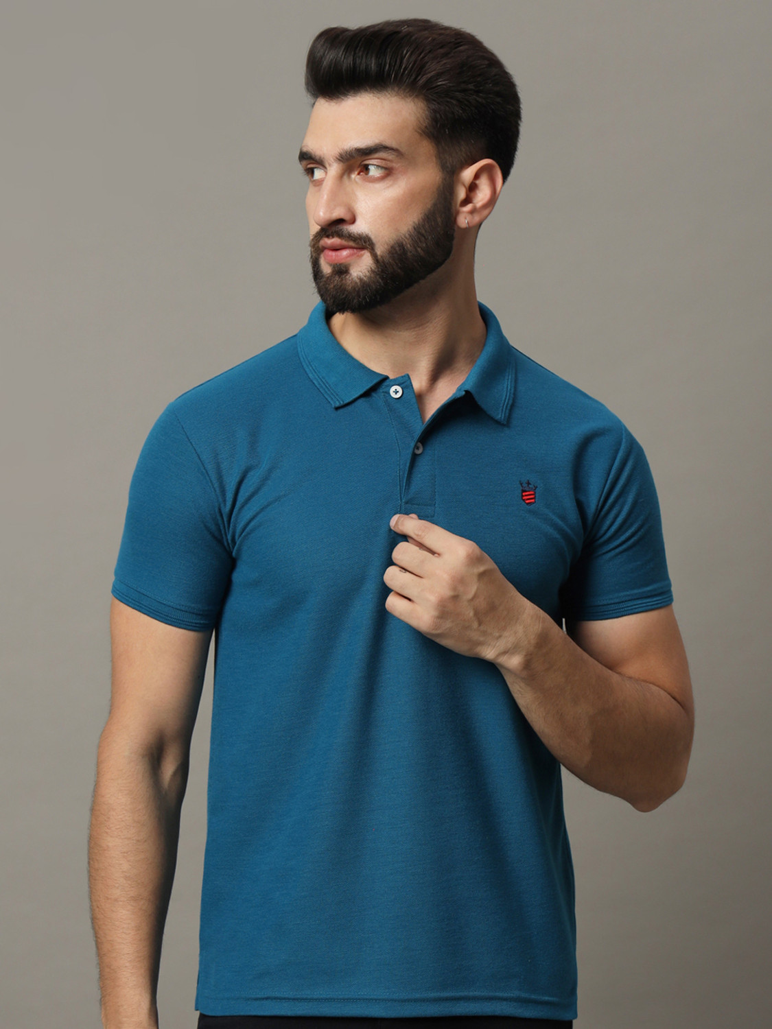 Image of RARHANPREMIUM Men Solid Polo Neck Cotton Blend Blue T-Shirt