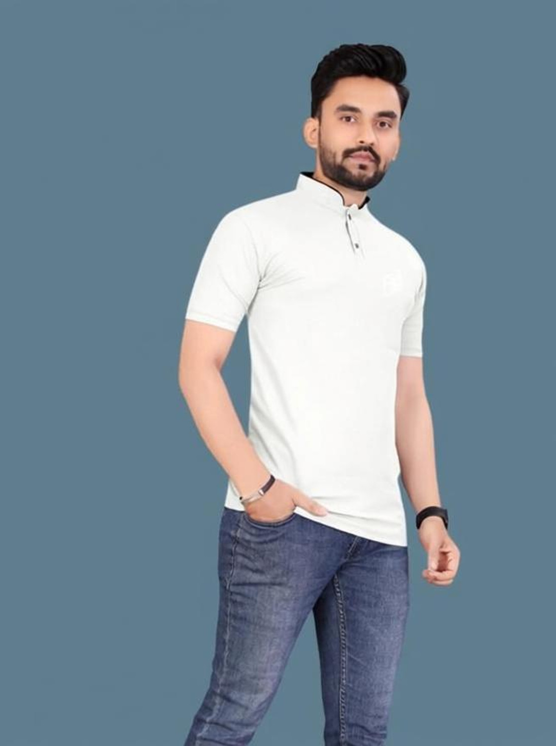 Image of TRIPR Men Solid Mandarin Collar Cotton Blend White T-Shirt