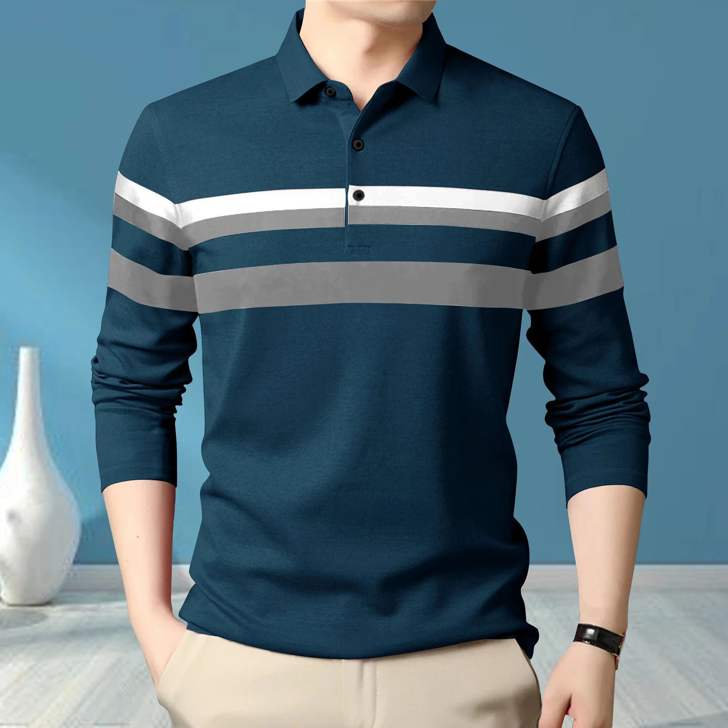 GARBLY Men Striped Polo Neck Cotton Blend Green T-Shirt - Image 1