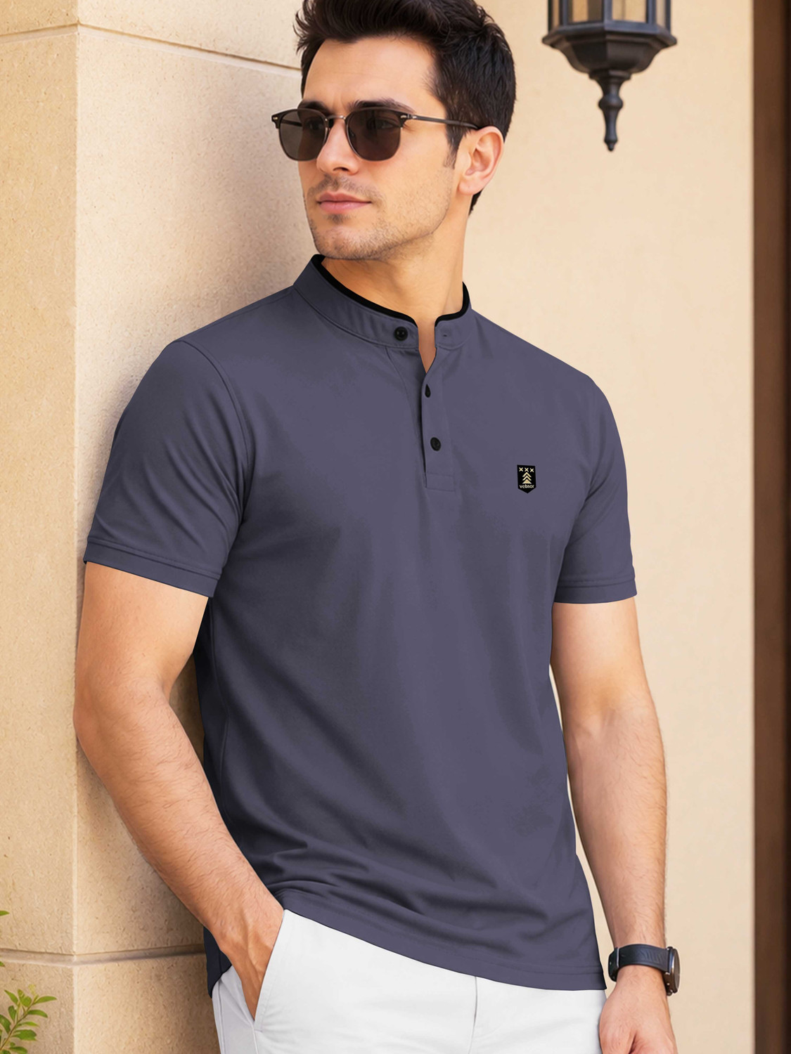 Image of TRIPR Men Solid Mandarin Collar Cotton Blend Black, White T-Shirt