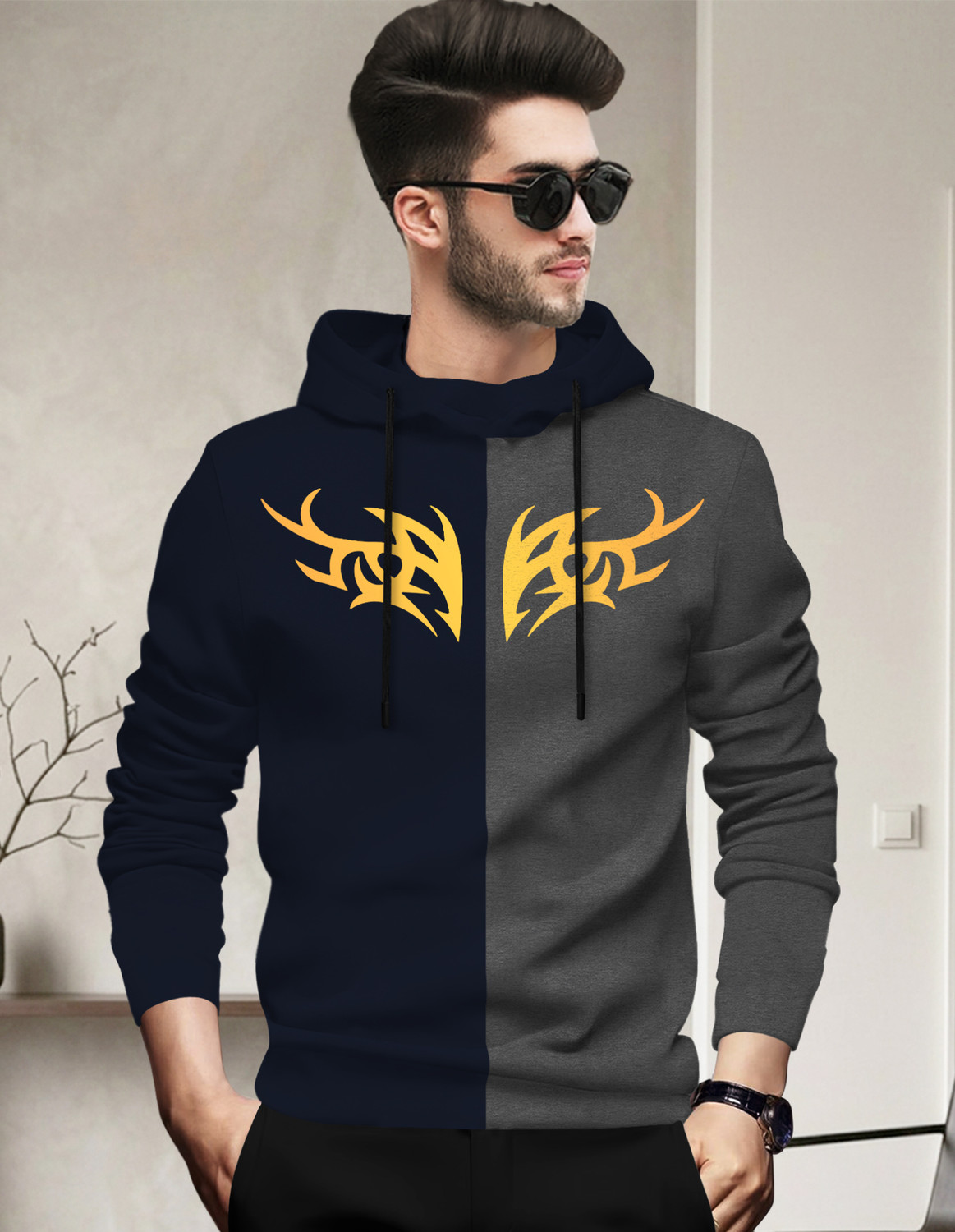 Image of BLIVE Men Printed Hooded Neck Cotton Blend Black, Grey T-Shirt