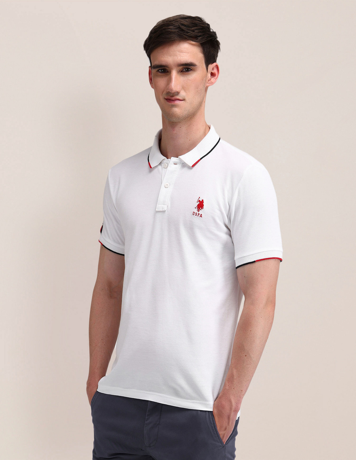 Image of U.S. POLO ASSN. Men Solid Polo Neck Pure Cotton White T-Shirt