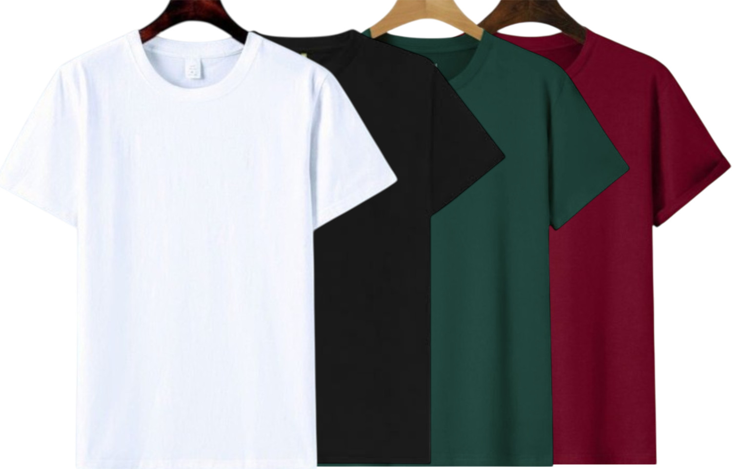Image of P collection Pack of 4 Men Solid Round Neck Polyester White, Black, Dark Green, Maroon T-Shirt