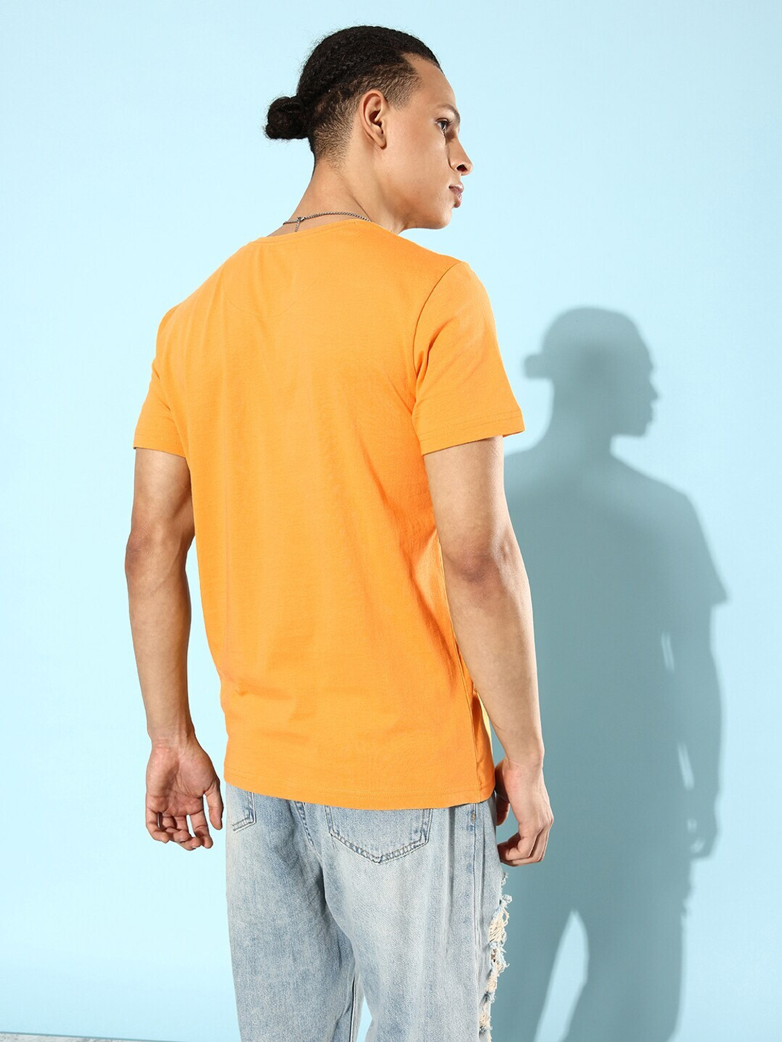 Image of WROGN Men Solid Crew Neck Pure Cotton Yellow T-Shirt