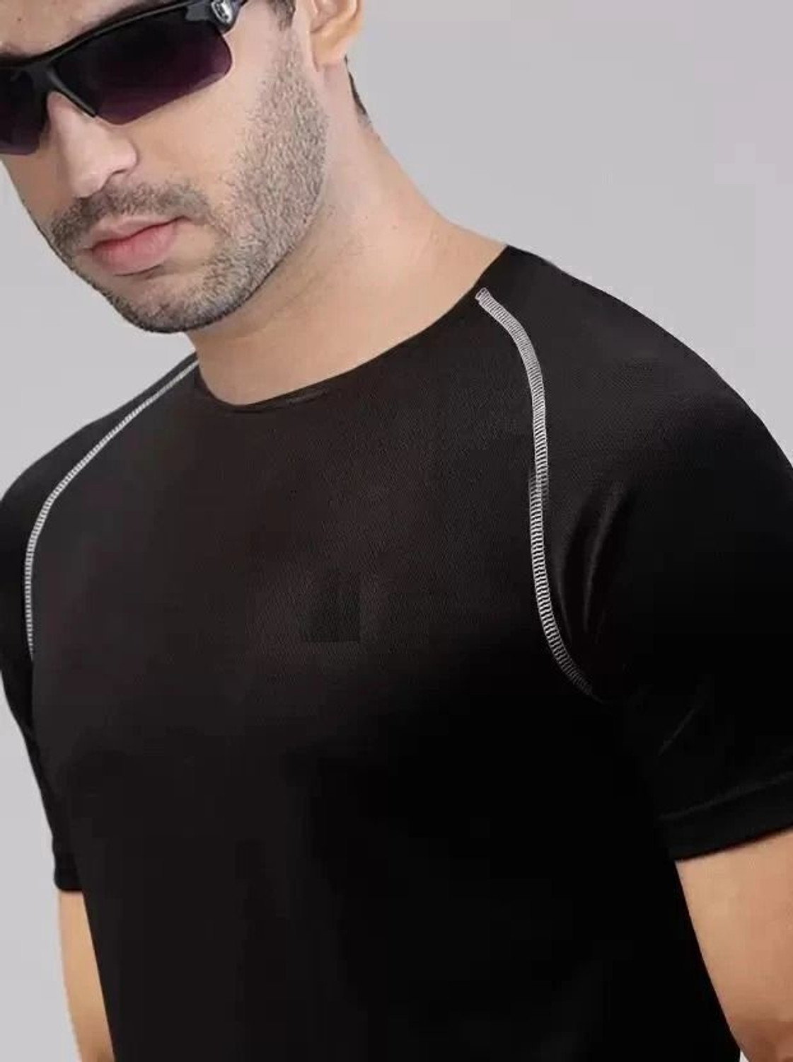 Image of NINQ Pack of 2 Men Sporty Round Neck Polyester Black, Blue T-Shirt