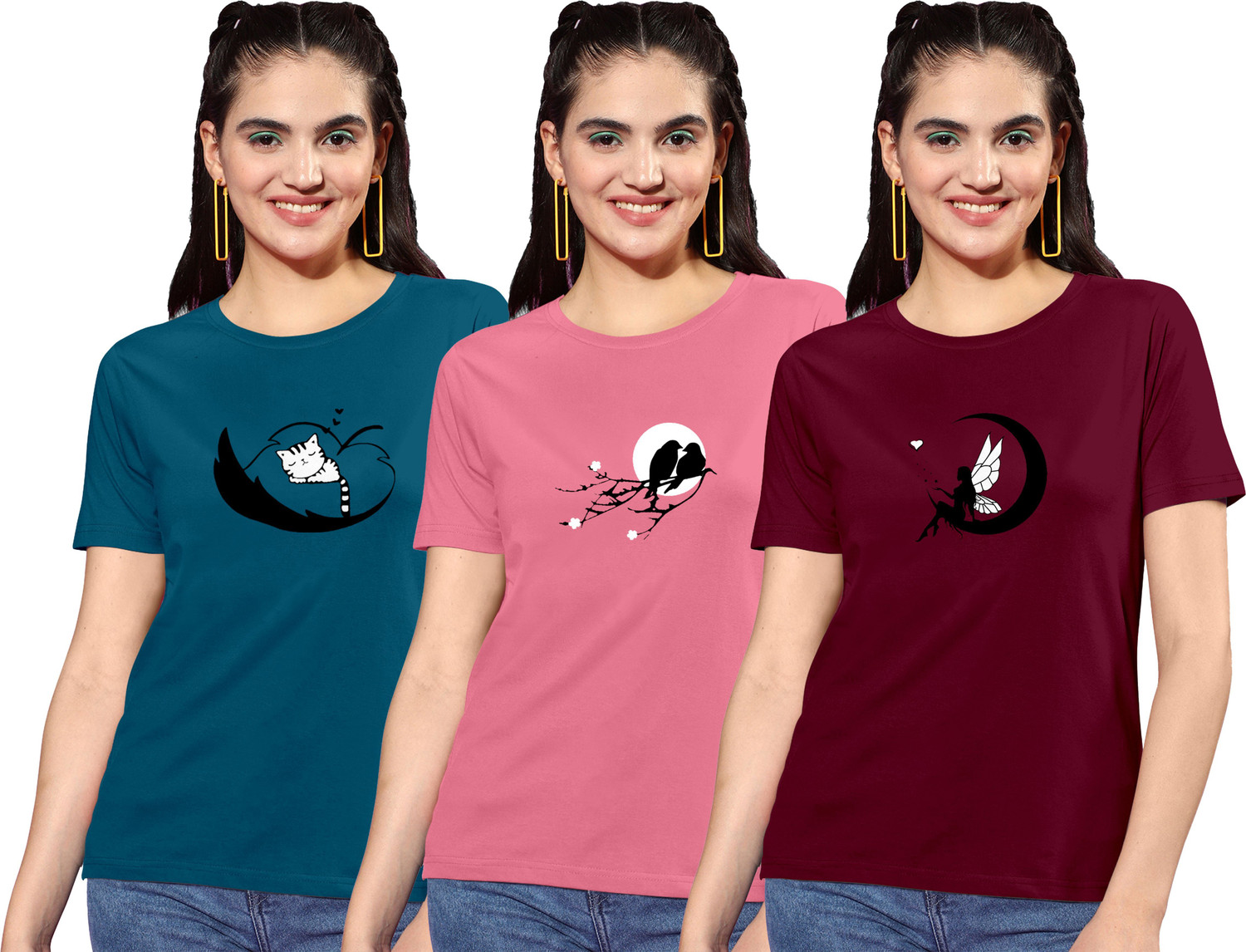 Image of ZentWorld Pack of 3 Women Printed Round Neck Cotton Blend Multicolor T-Shirt
