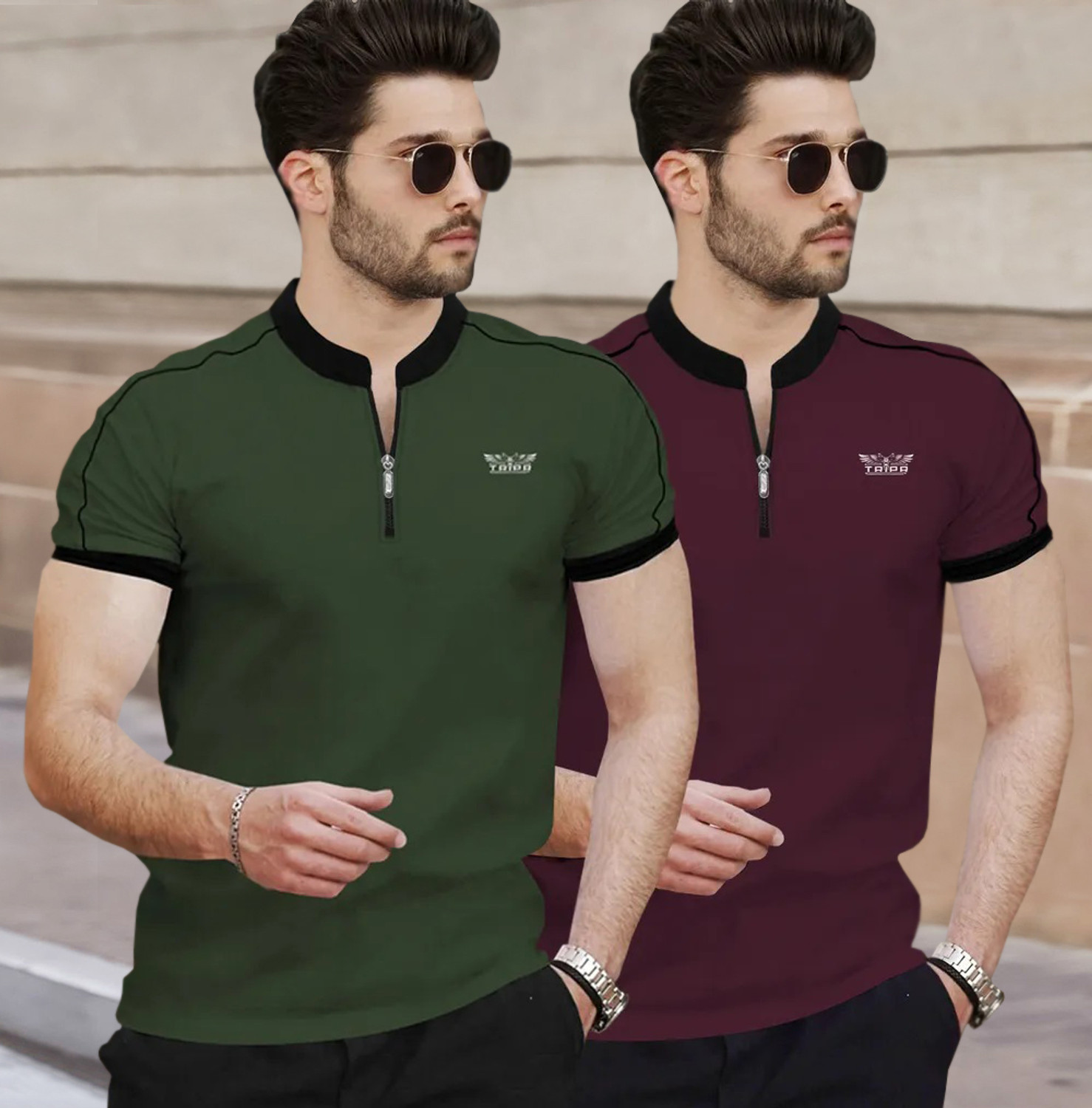 Image of TRIPR Men Solid Henley Neck Cotton Blend Dark Green, Black T-Shirt