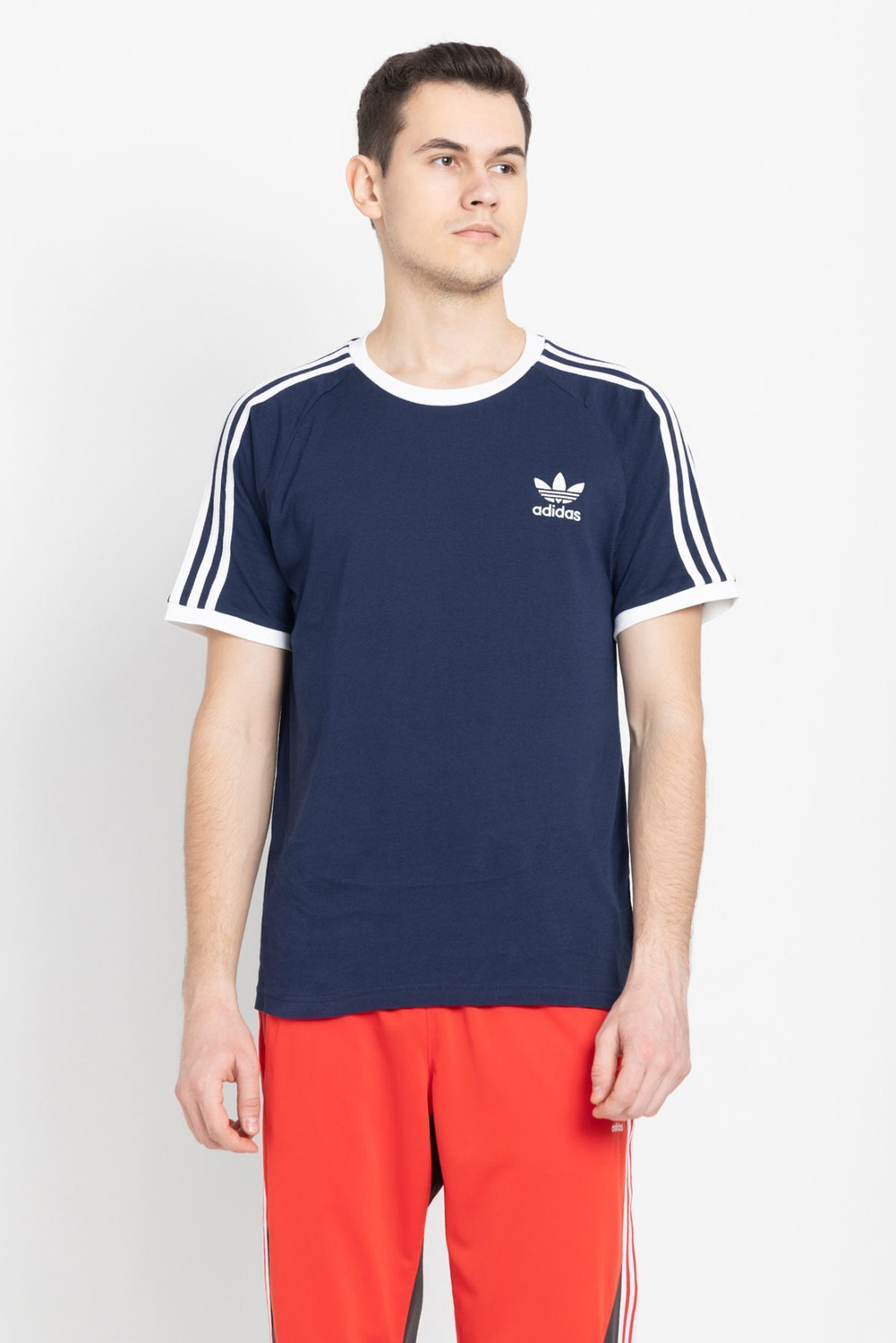 Image of ADIDAS ORIGINALS Men Solid Round Neck Cotton Blend Blue T-Shirt