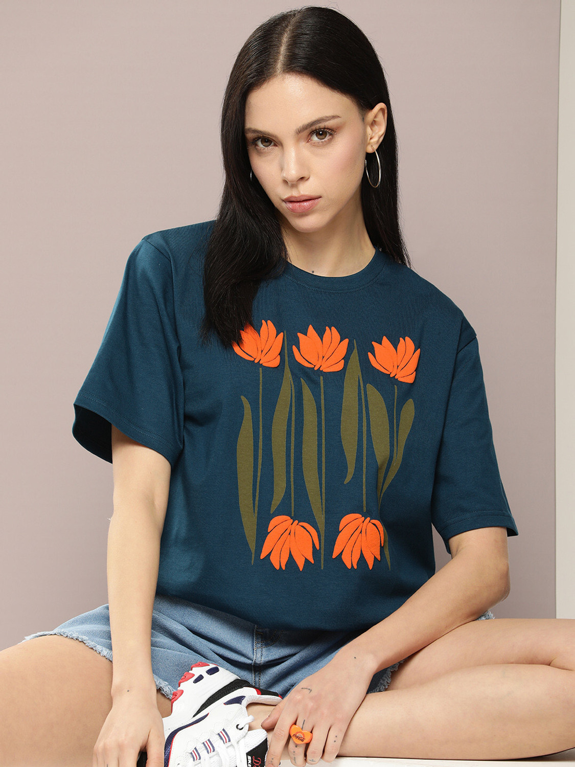 Image of Deklook Women Printed Round Neck Pure Cotton Brown T-Shirt