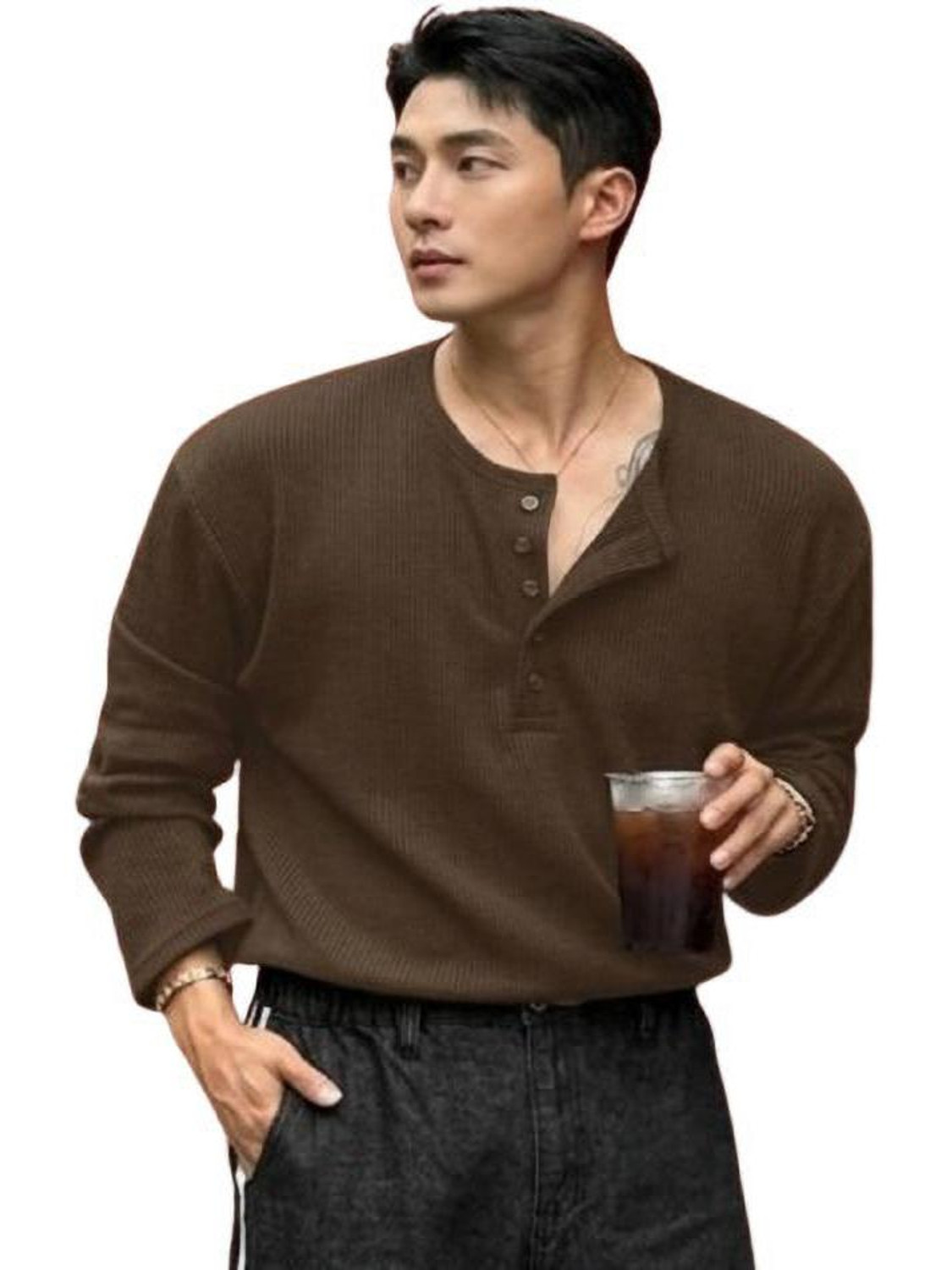 HeraDawn Men Striped Henley Neck Polyester Brown T-Shirt - Image 1