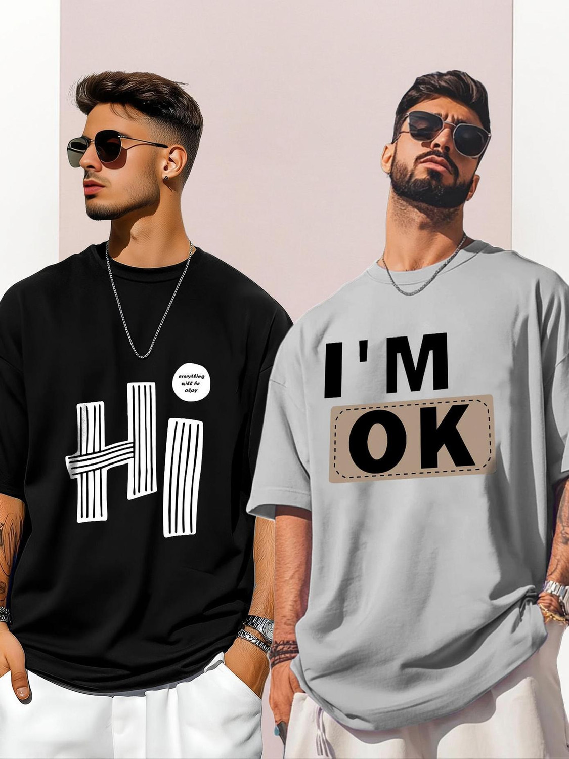 Image of Bullmer Pack of 2 Men Graphic Print Round Neck Cotton Blend Multicolor T-Shirt