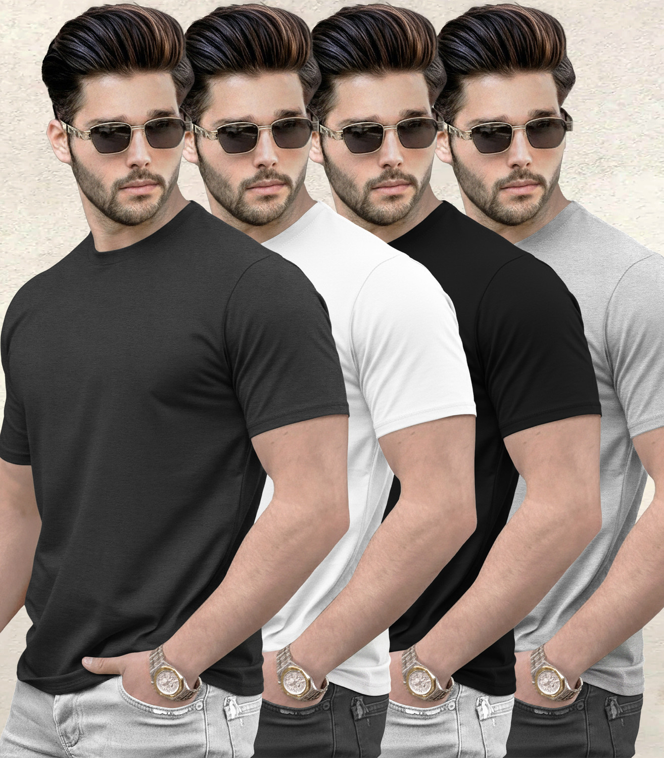 Image of TRIPR Men Solid Mandarin Collar Cotton Blend Grey T-Shirt