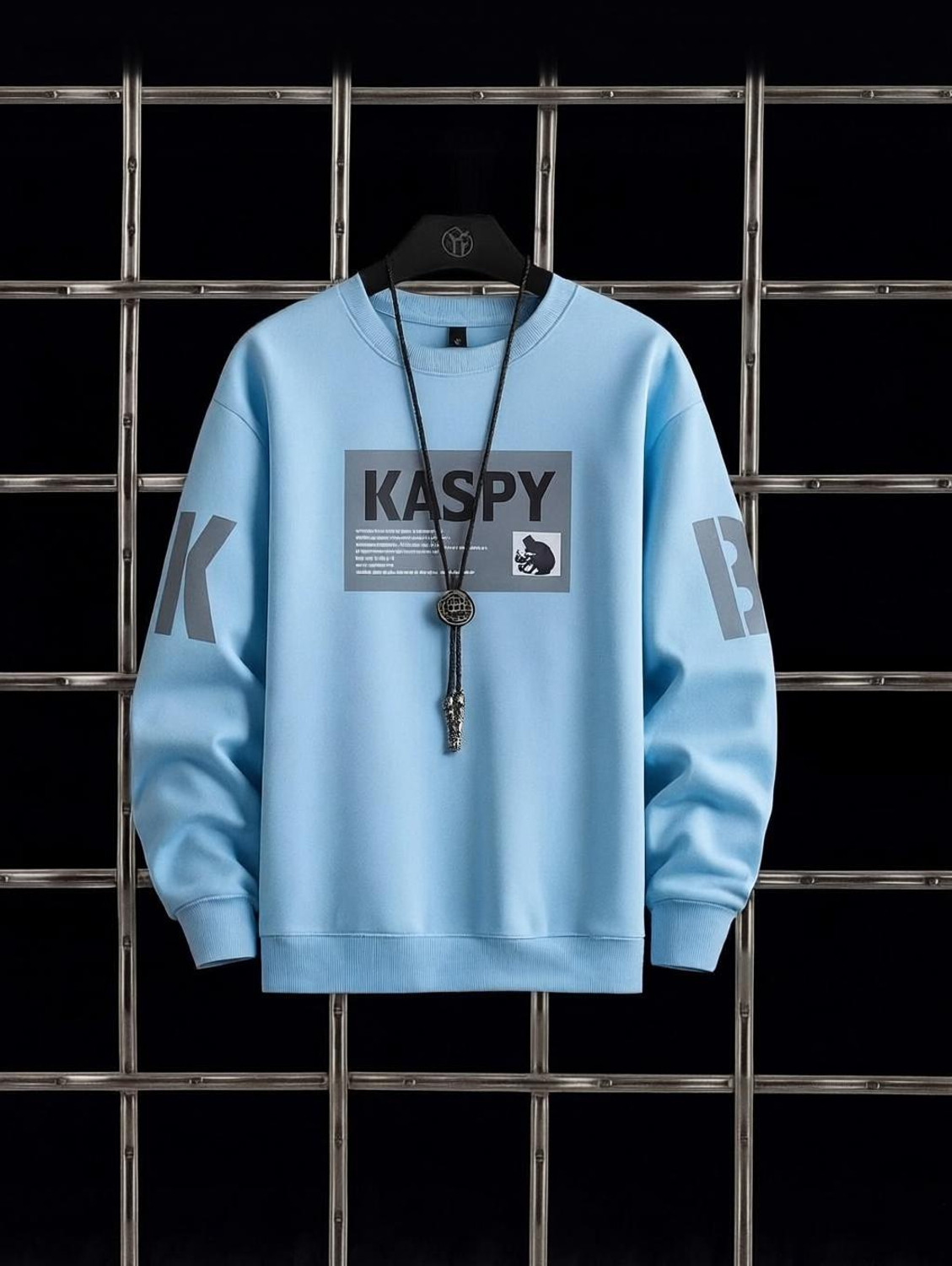 Image of KASPY Men Printed, Typography Round Neck Polyester Light Blue T-Shirt