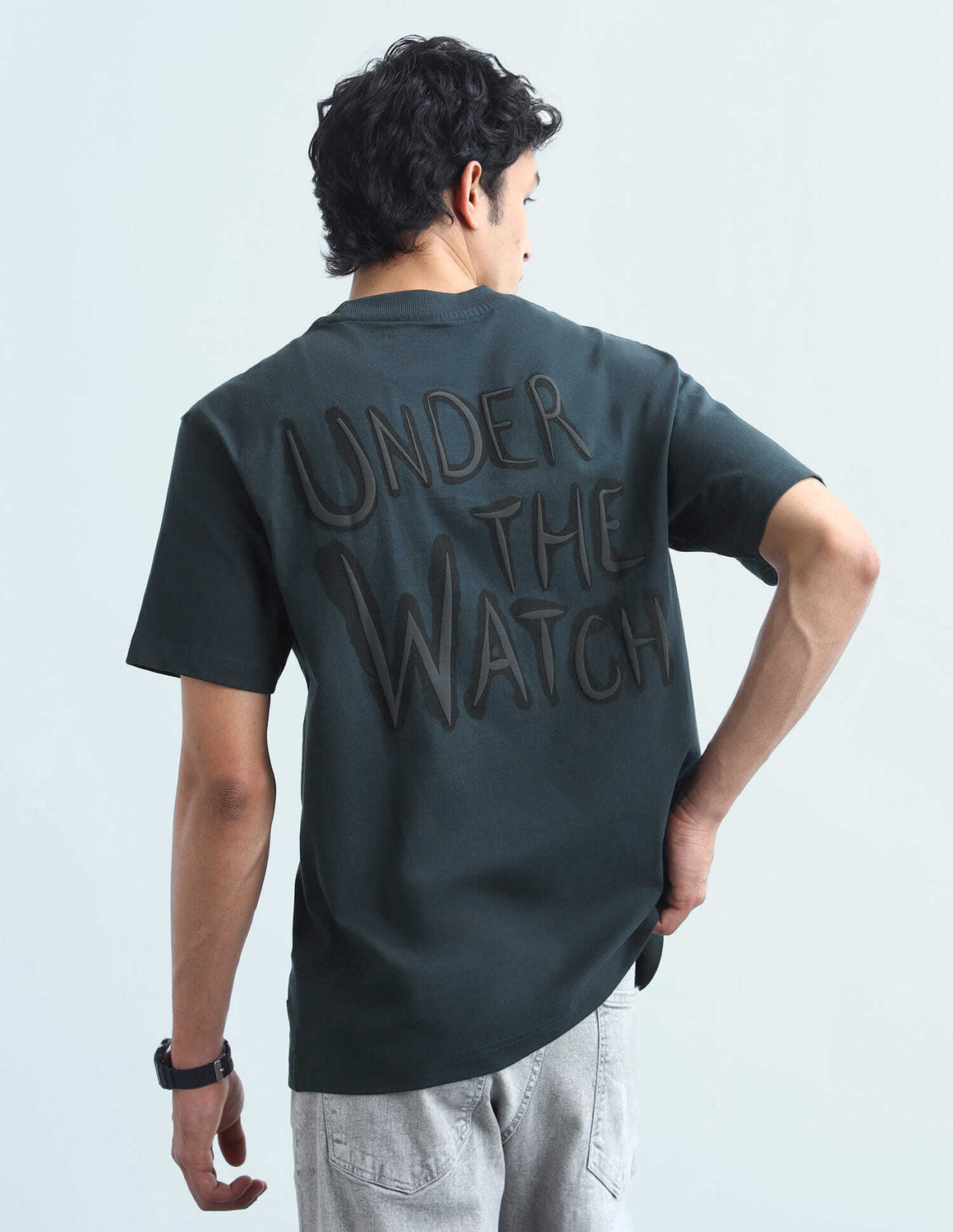 Image of NOBERO Men Printed Round Neck Cotton Blend Black T-Shirt