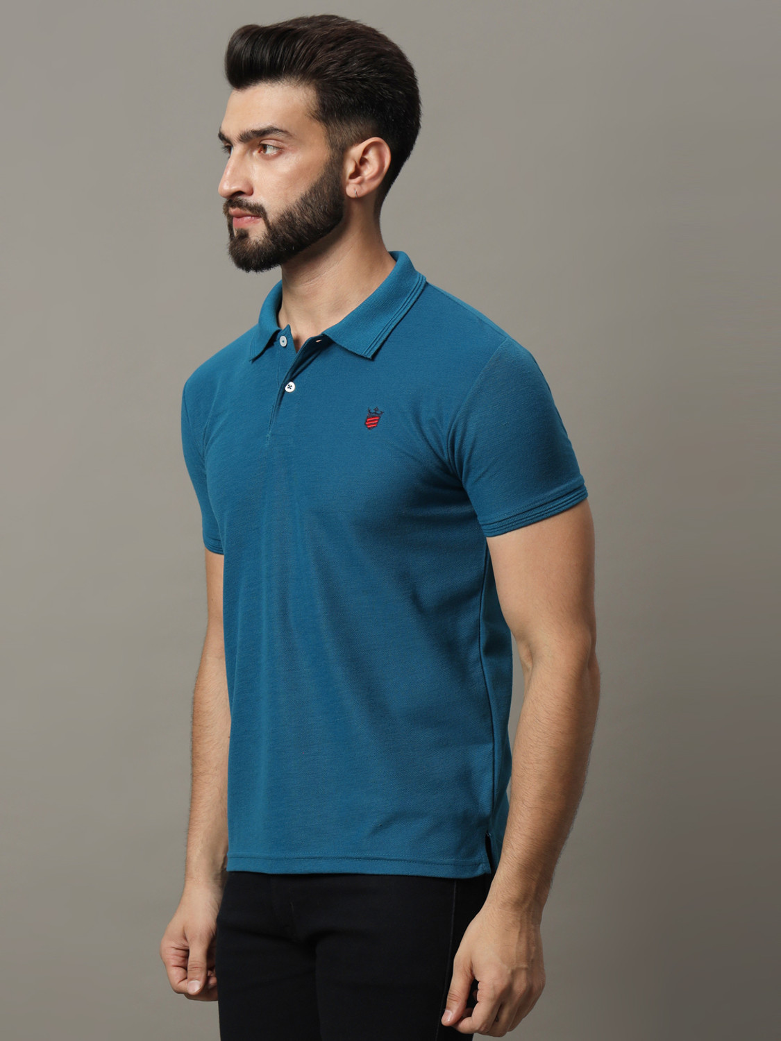 Image of RARHANPREMIUM Men Solid Polo Neck Cotton Blend Blue T-Shirt