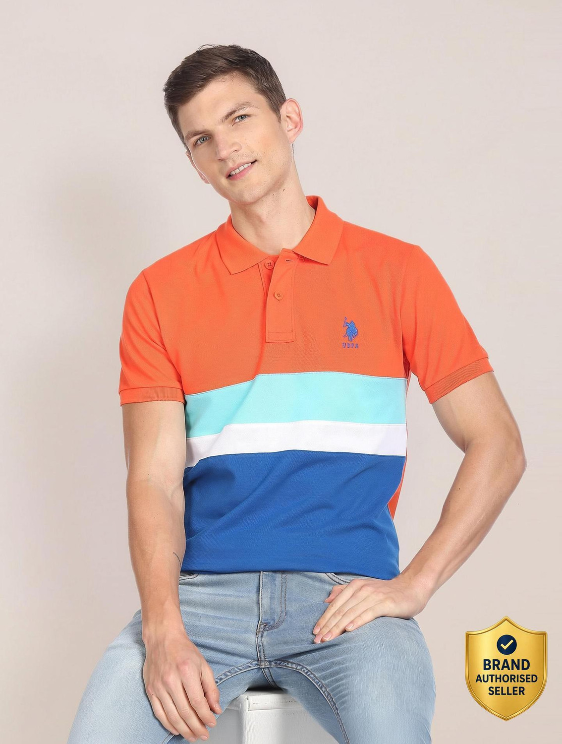 Image of U.S. POLO ASSN. Men Solid Polo Neck Pure Cotton White T-Shirt