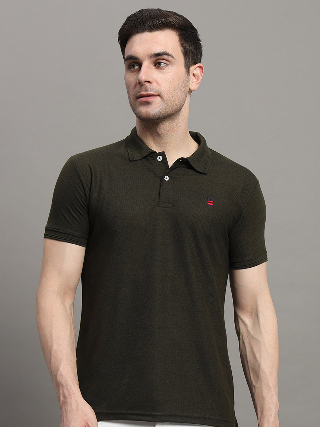Image of RARHANPREMIUM Men Solid Polo Neck Cotton Blend Blue T-Shirt