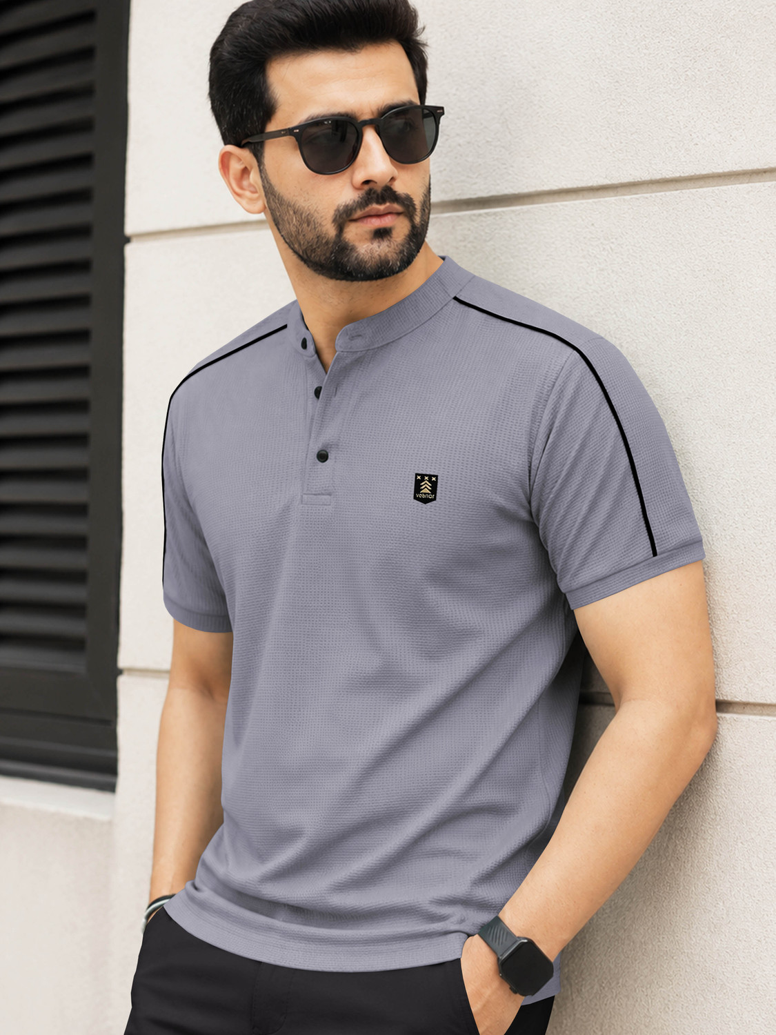 Image of TRIPR Men Solid Mandarin Collar Cotton Blend Black T-Shirt