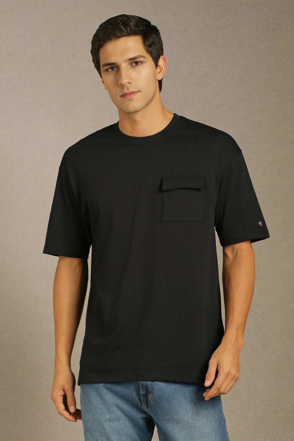 Image of United Colors of Benetton Men Solid High Neck Pure Cotton Navy Blue T-Shirt
