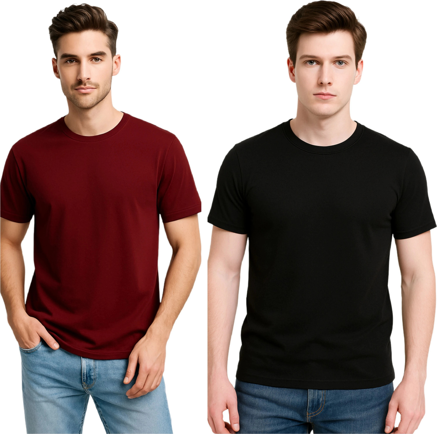 Image of Styloketh Men Solid Round Neck Polyester Maroon, Black T-Shirt
