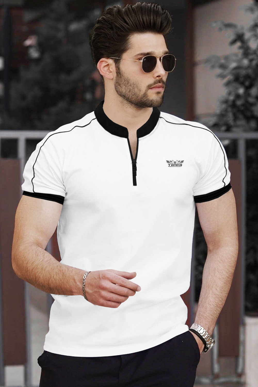 Image of TRIPR Men Solid Mandarin Collar Cotton Blend White T-Shirt