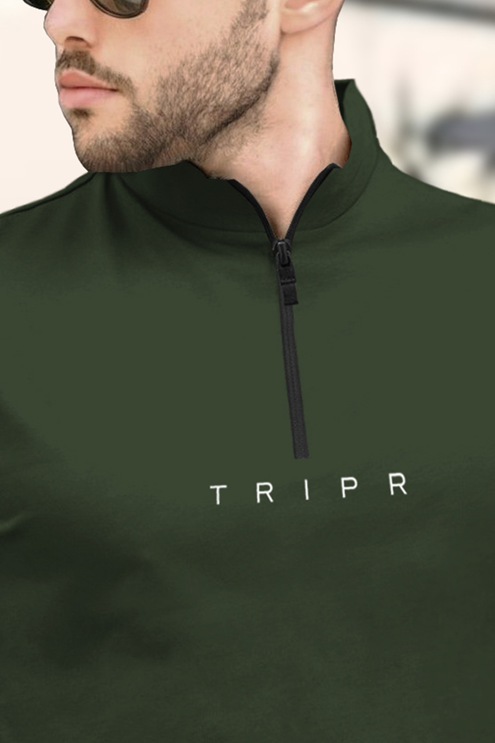 Image of TRIPR Men Solid Mandarin Collar Cotton Blend Green T-Shirt