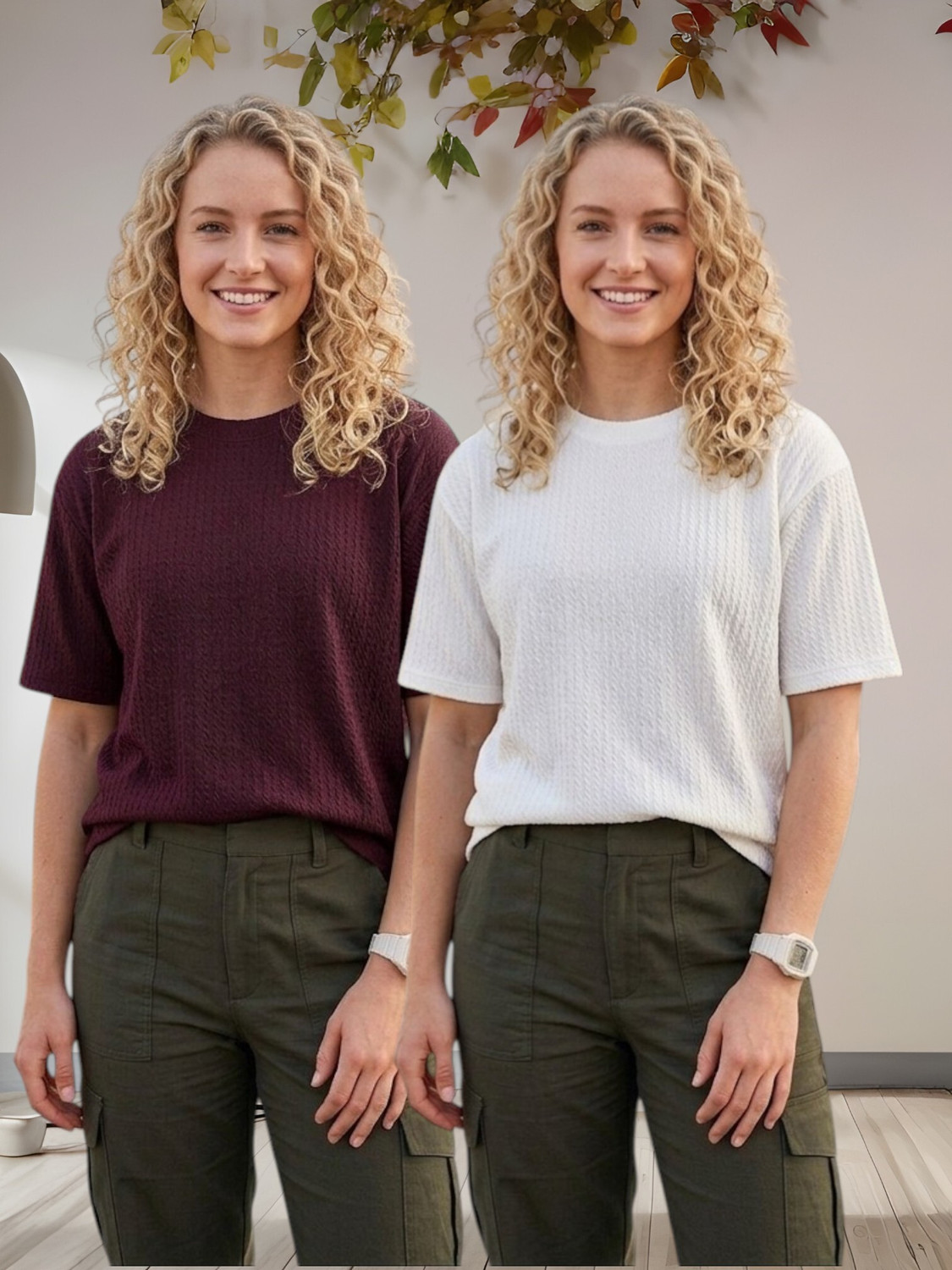 Image of ADIXUS Pack of 2 Women Solid Round Neck Polyester Maroon, White T-Shirt