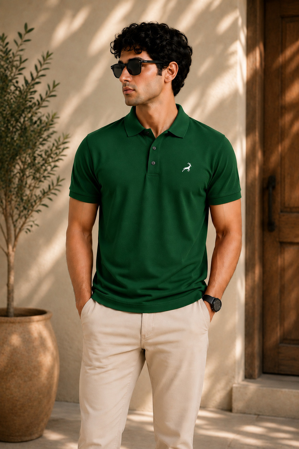 Image of TRIPR Men Solid Mandarin Collar Cotton Blend Green T-Shirt