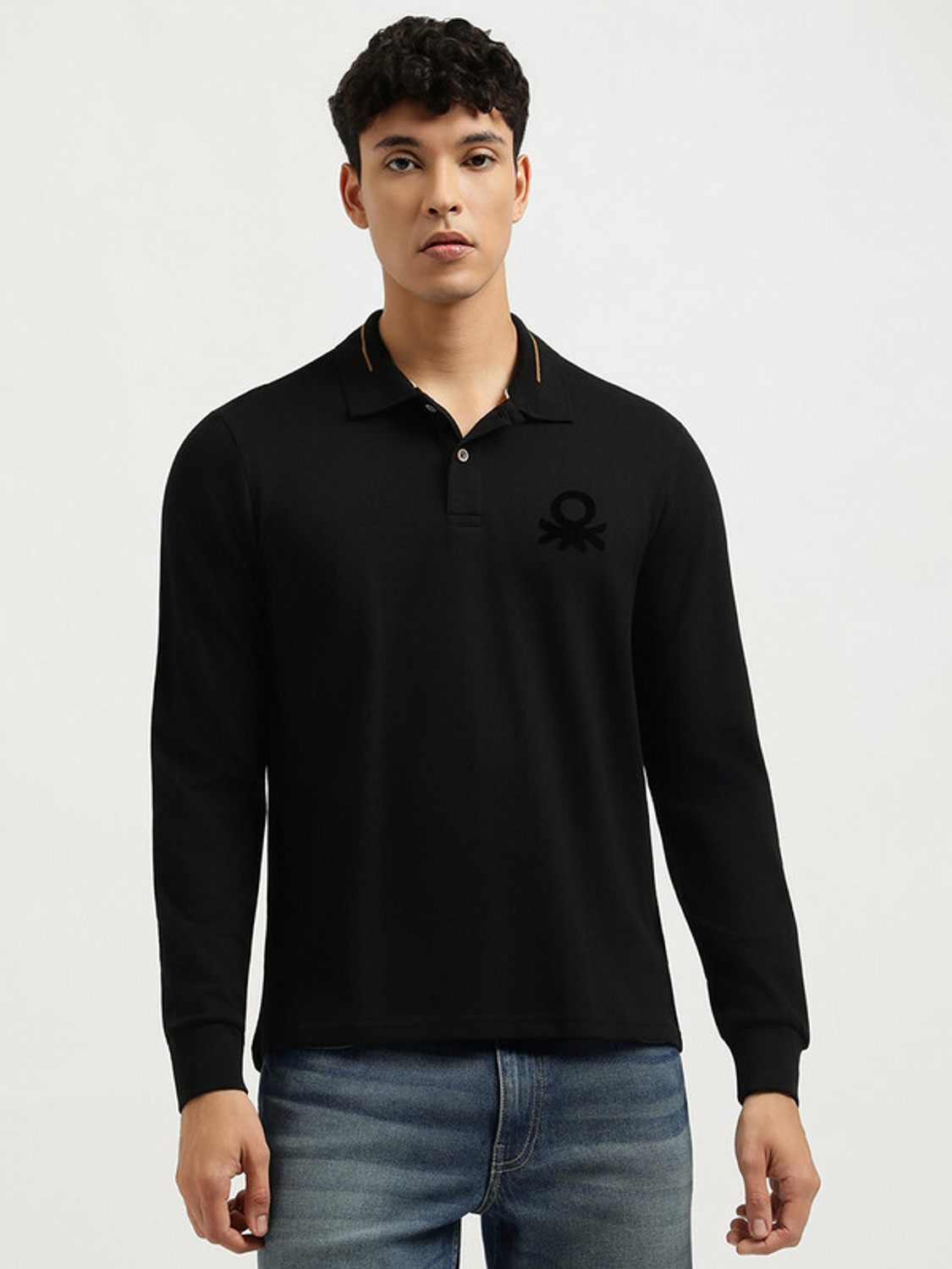 United Colors of Benetton Printed Men Polo Neck Black T-Shirt