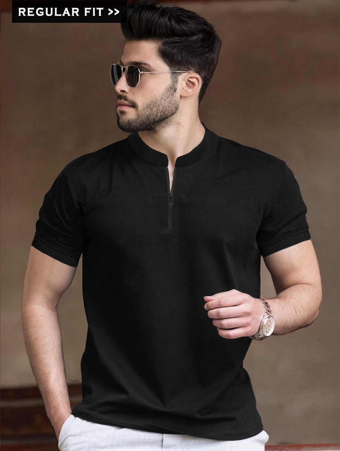 Image of TRIPR Men Solid Mandarin Collar Cotton Blend Black T-Shirt