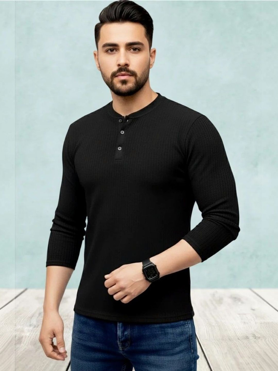 Image of Pellitory Men Solid Henley Neck Cotton Blend Black T-Shirt
