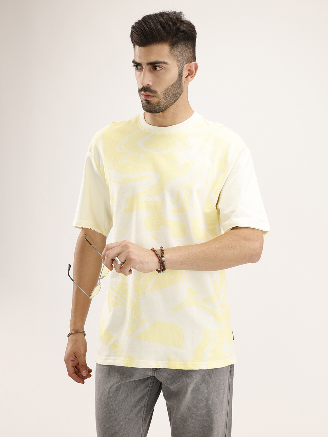 Image of WROGN Men Solid Crew Neck Pure Cotton Yellow T-Shirt