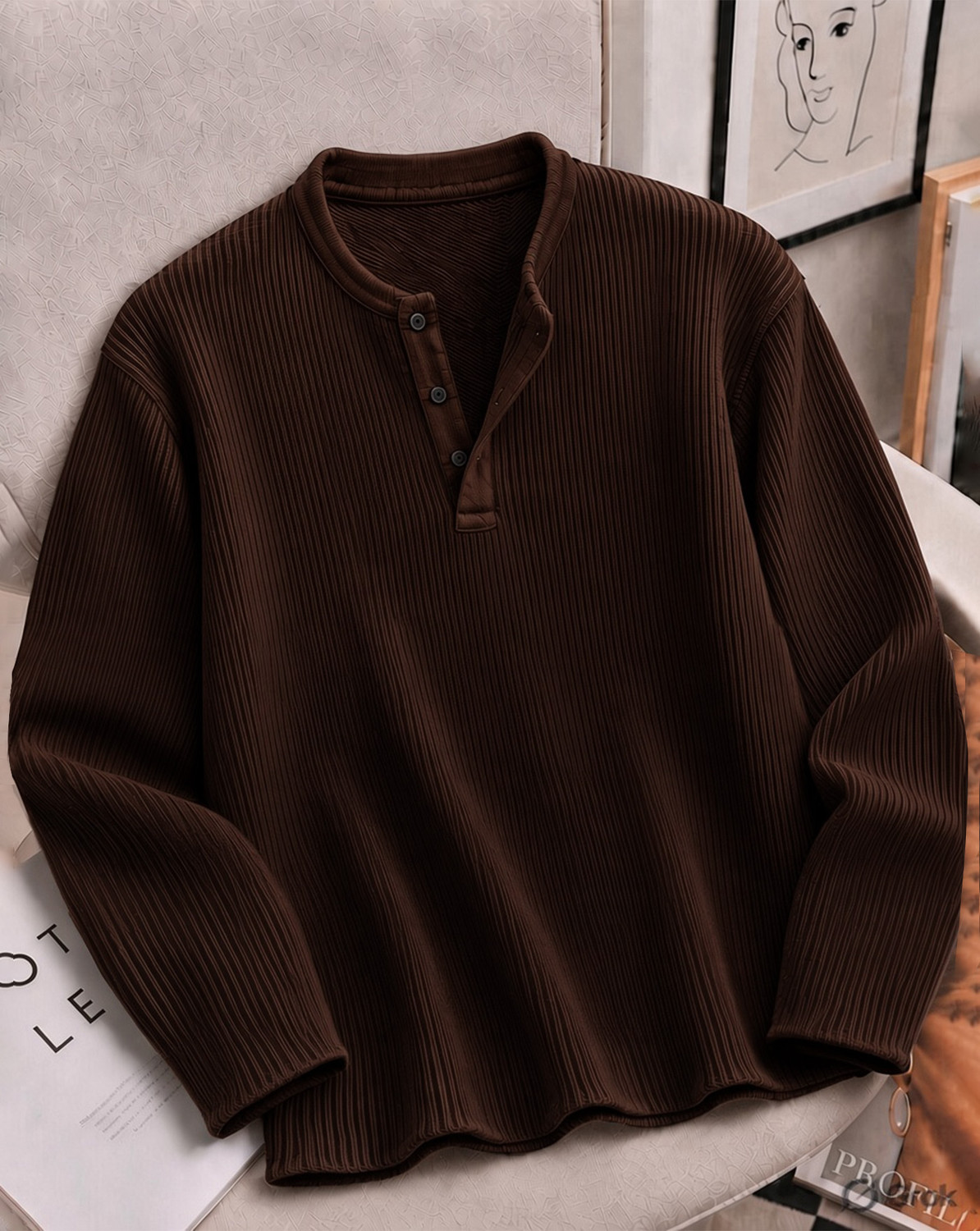 AOOSH Men Henley Neck Brown T-Shirt - Image 6