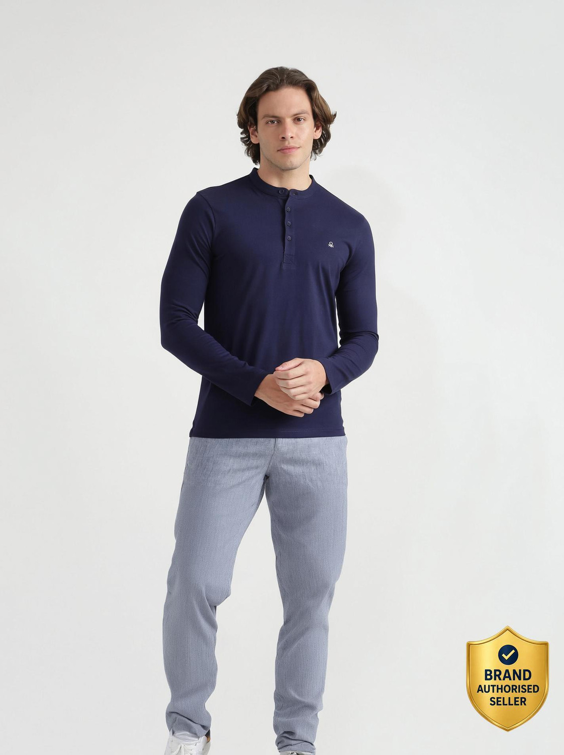 Image of United Colors of Benetton Men Solid High Neck Pure Cotton Navy Blue T-Shirt
