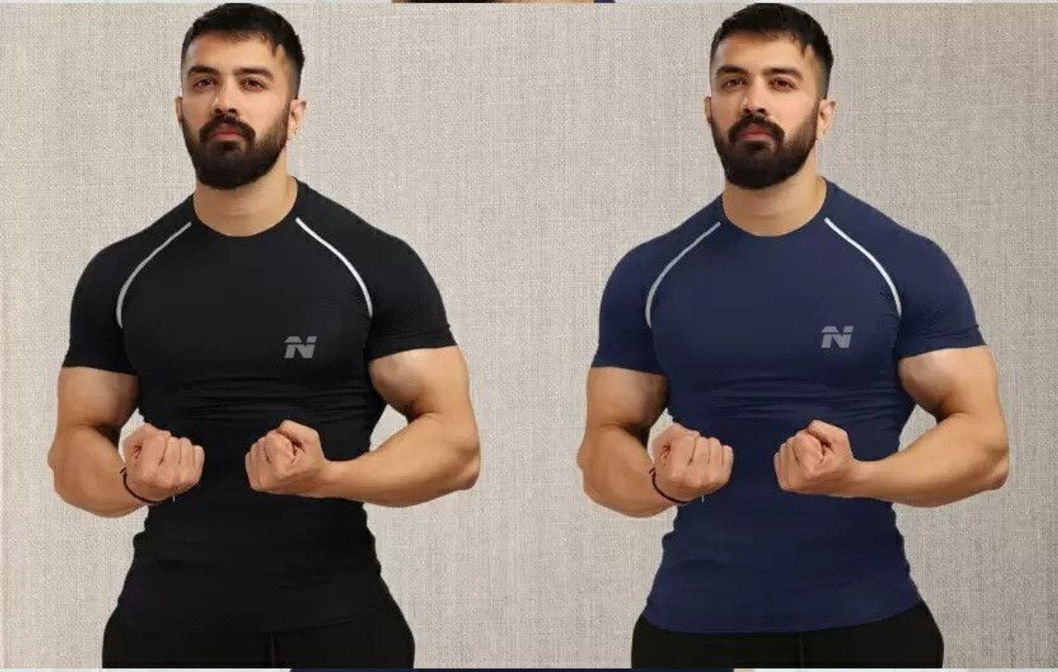 Image of NINQ Pack of 2 Men Sporty Round Neck Polyester Black, Blue T-Shirt