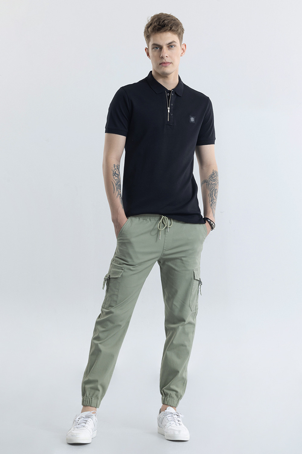 Image of Snitch Men Solid Polo Neck Pure Cotton Black T-Shirt