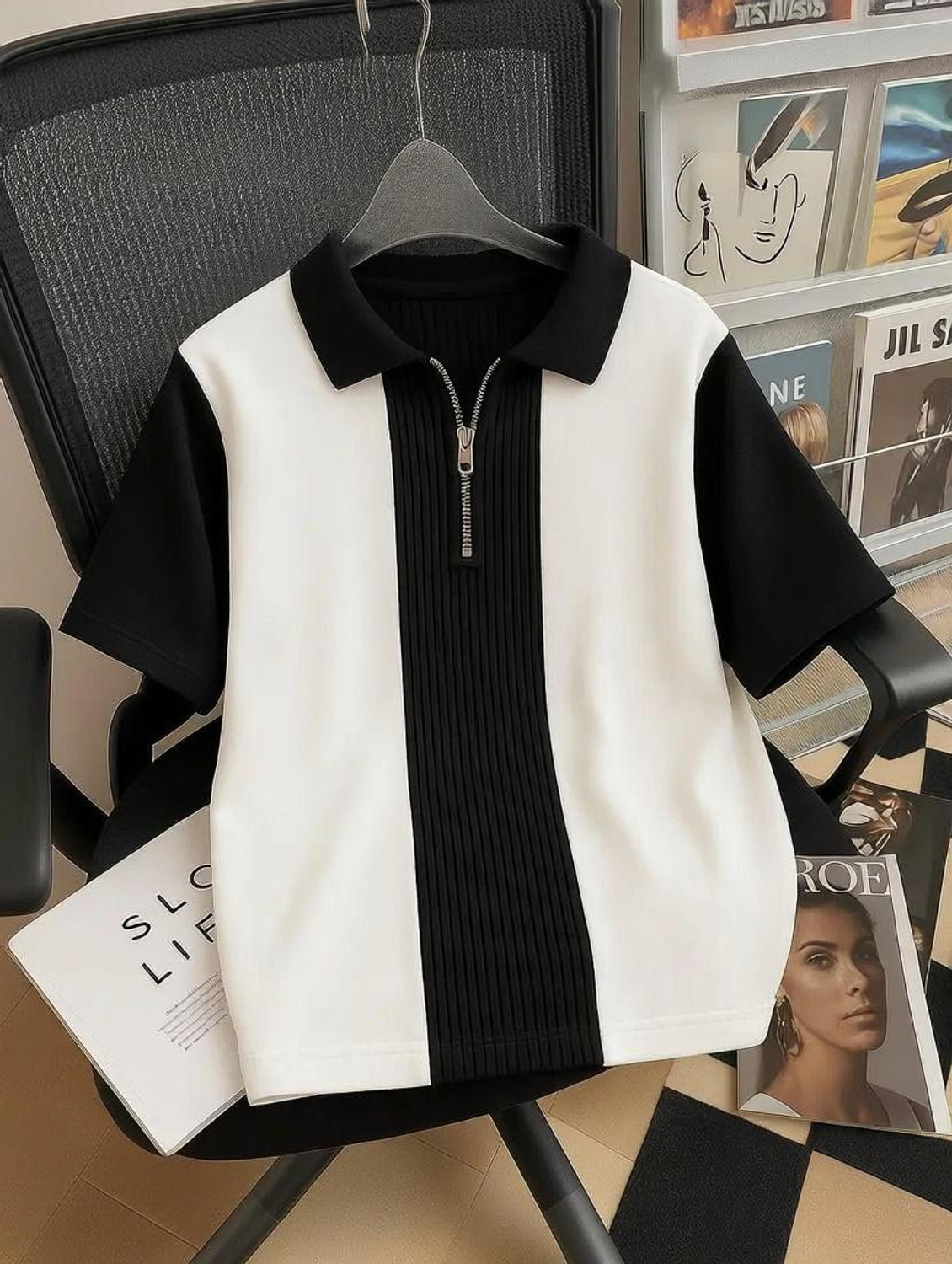 KAJARU Men Black, Beige Zip Neck Polyester T-Shirt - Image 1